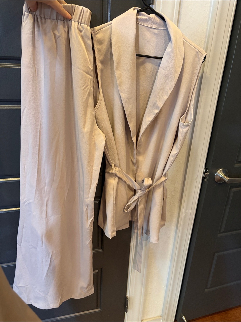 SHEIN Sleeveless Belted Lounge Set in Light Beige and pants